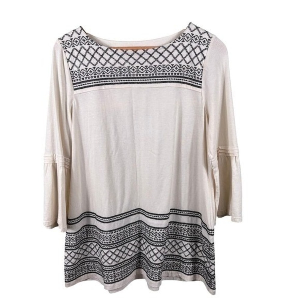 J. Jill Women's Small Ivory Black Embroidered Boho Bell Sleeve Tunic Top Shirt‎